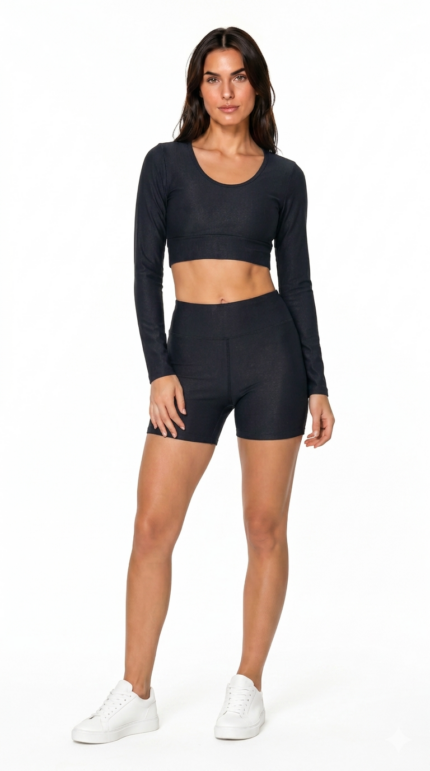 Conjunto Fitness Cropped feat Bermuda Dunas – Preto