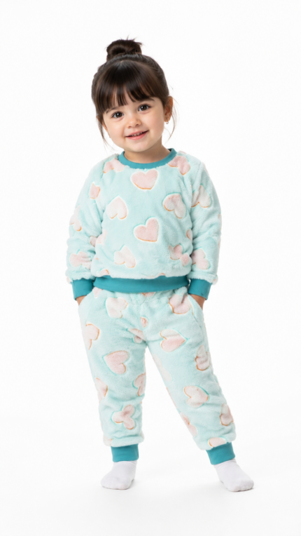 Conjunto de Pijama Peluciado Aconchego Infantil (Coração Verde)